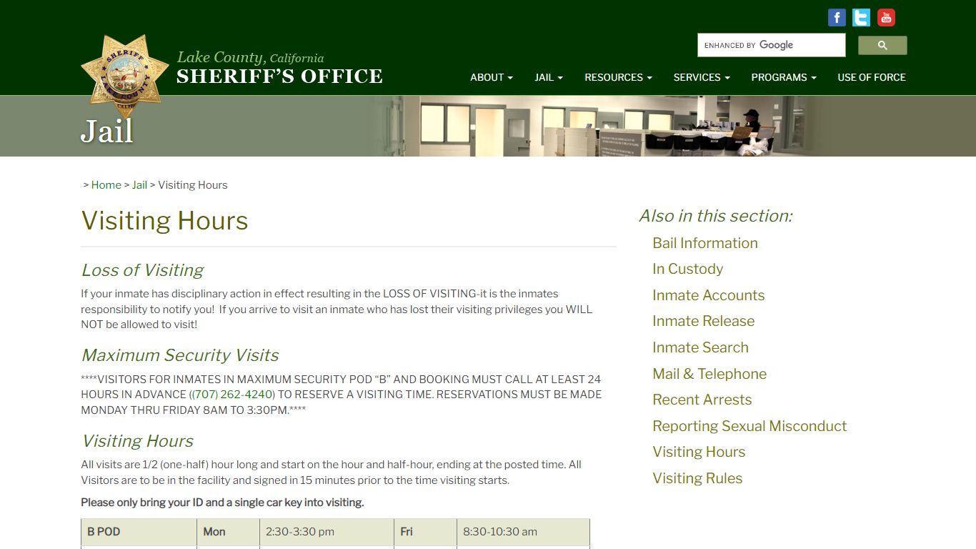 Visiting Hours - Lake County Sheriff - Lake County, California